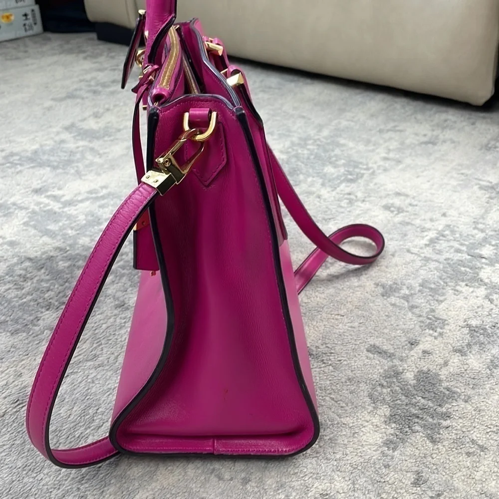 Michael Kors Collection Casey Large Leather Satchel Purse Padlock Bright Pink